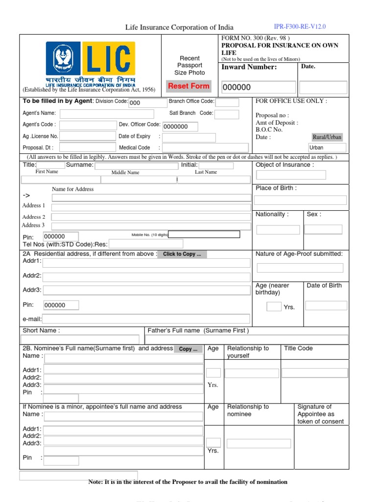 LIC Proposal Form No. 300 Download | PDF | Life Insurance | Insurance