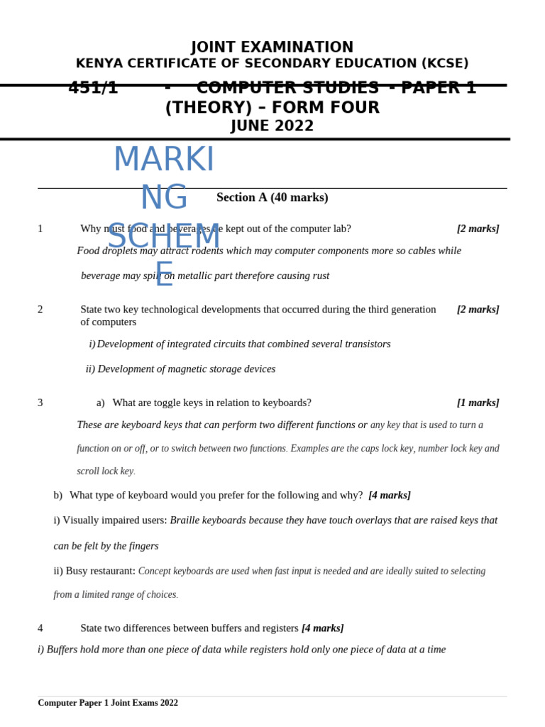 KCSE Computer Studies Paper 1 June 2022 | PDF | Spreadsheet | Computer ...