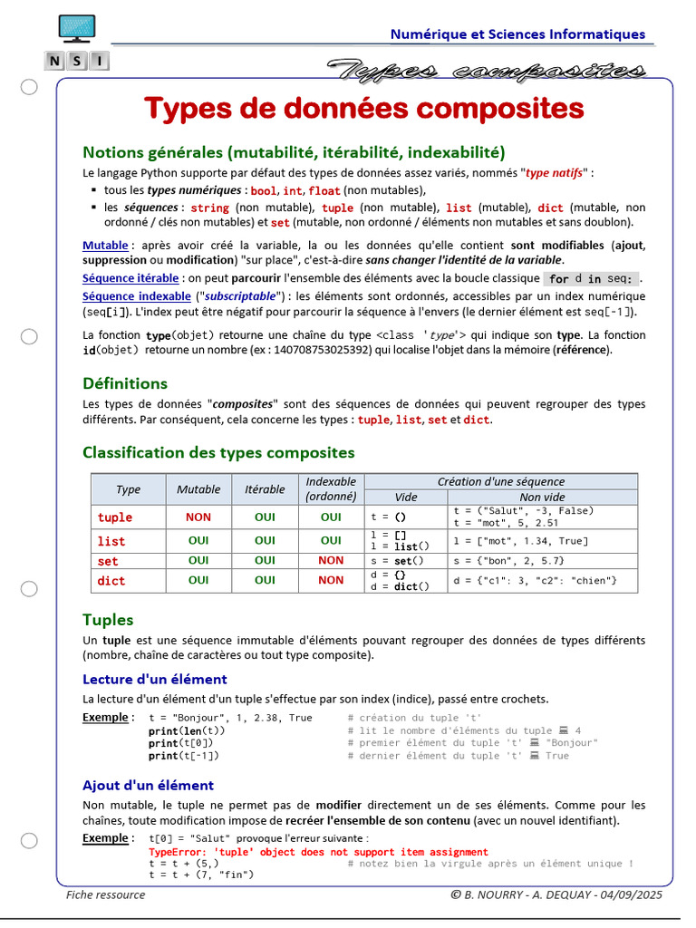 Types de données composites en Python | PDF | Type de données ...