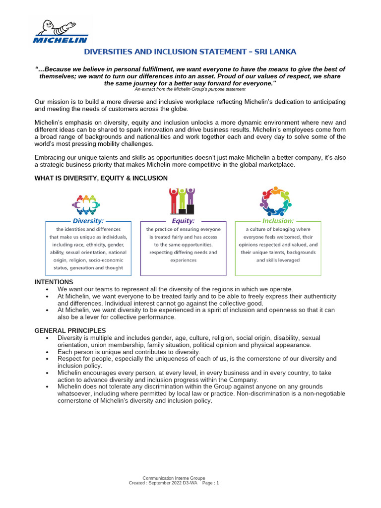Michelin Sri Lanka Diversity Statement | PDF | Diversity (Business ...