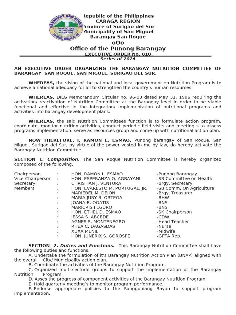 San Roque Barangay Nutrition Committee Order | PDF