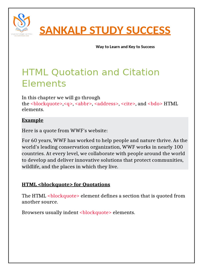 HTML Quotation and Citation Elements | PDF | Html | Html Element
