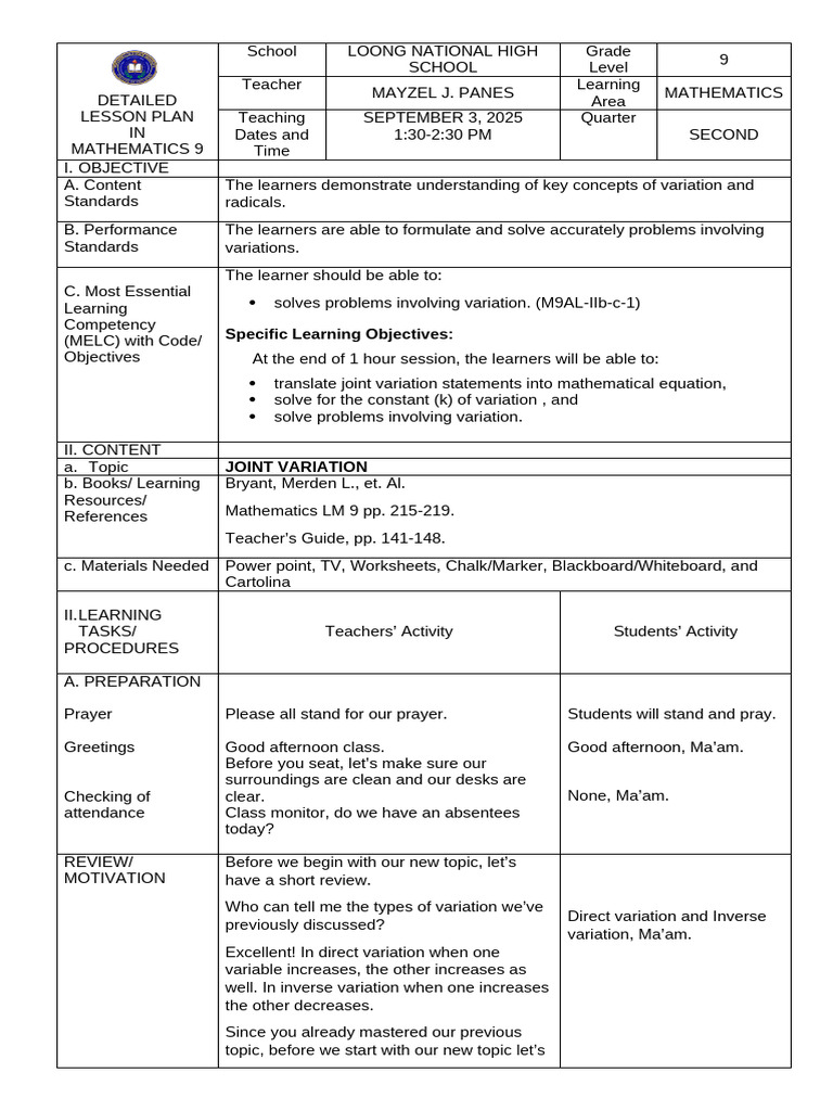 Mathematics 9 Joint Variation Lesson Plan | PDF | Variable (Mathematics ...