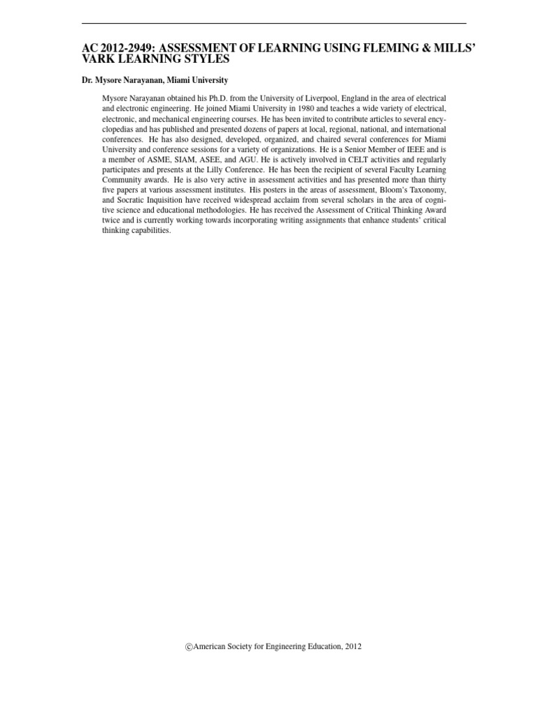 Assessment of Learning Using Fleming Mills Vark Learning Styles | PDF ...