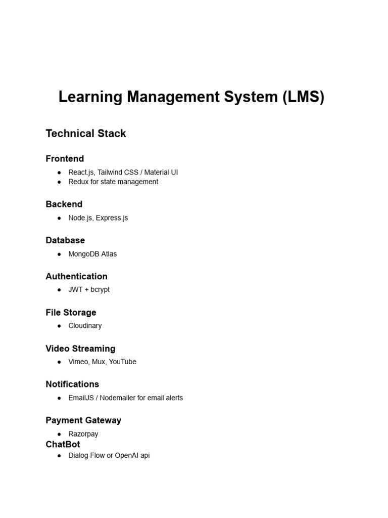 LMS Technical Stack and Features Overview | PDF