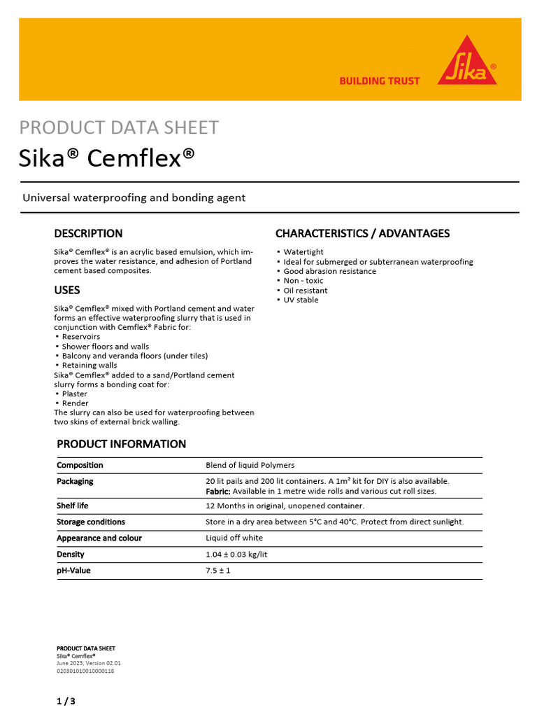 Sika Cemflex Waterproofing Overview | PDF | Cement | Water
