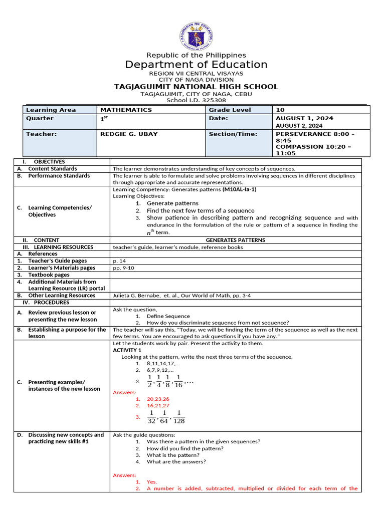 Grade 10 Math: Sequences Lesson Plan | PDF | Learning | Teachers