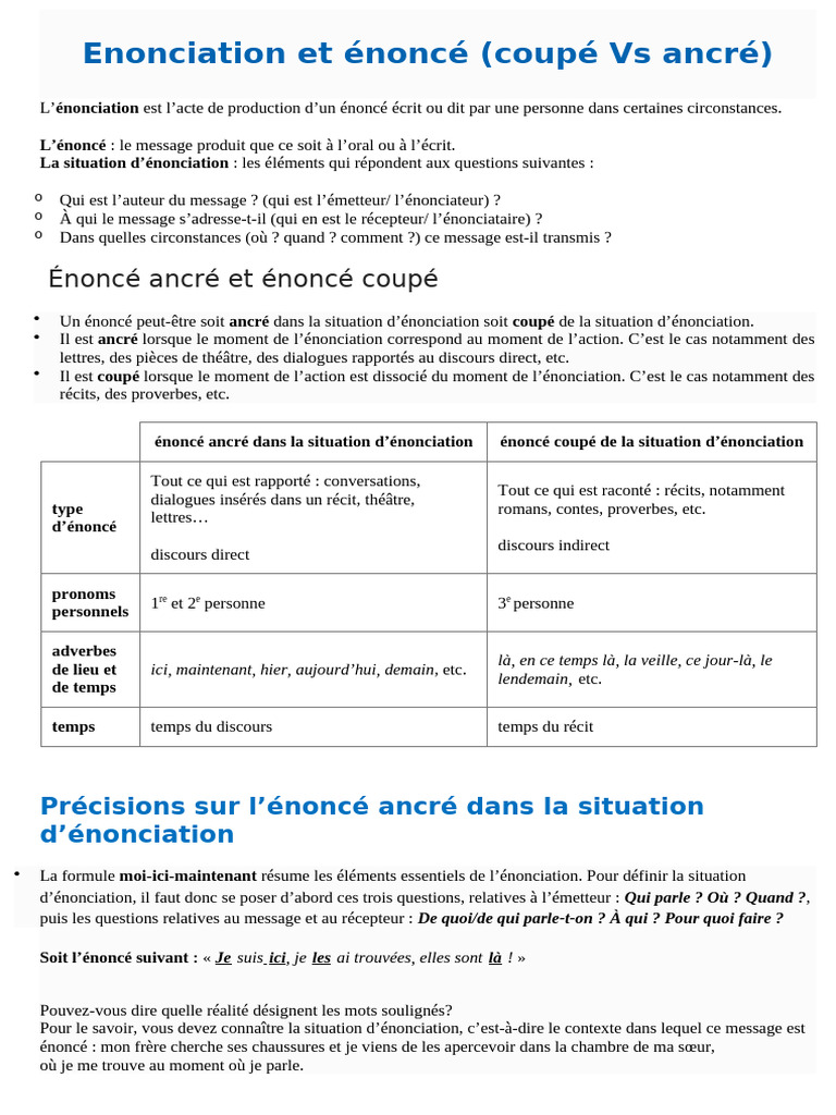 Énoncé et énonciation : définitions clés | PDF | Verbe | Linguistique