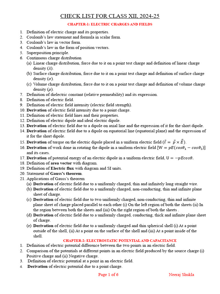 Class XII Physics Checklist 2024-25 | PDF | Magnetic Field | Inductance