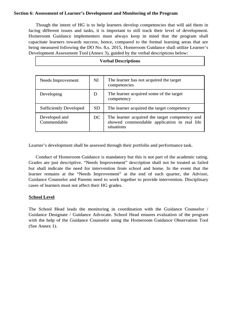 Homeroom Guidance Development Assessment | PDF | Learning | Teachers