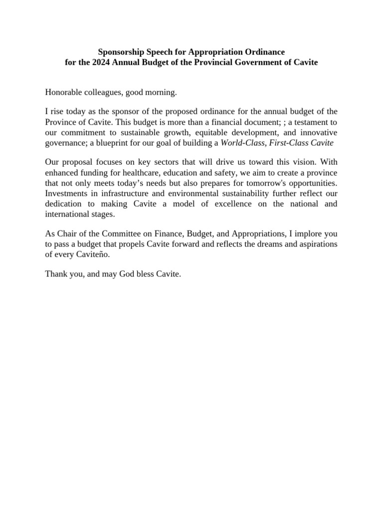 Sponsorship Speech For Appropriation Ordinance | PDF