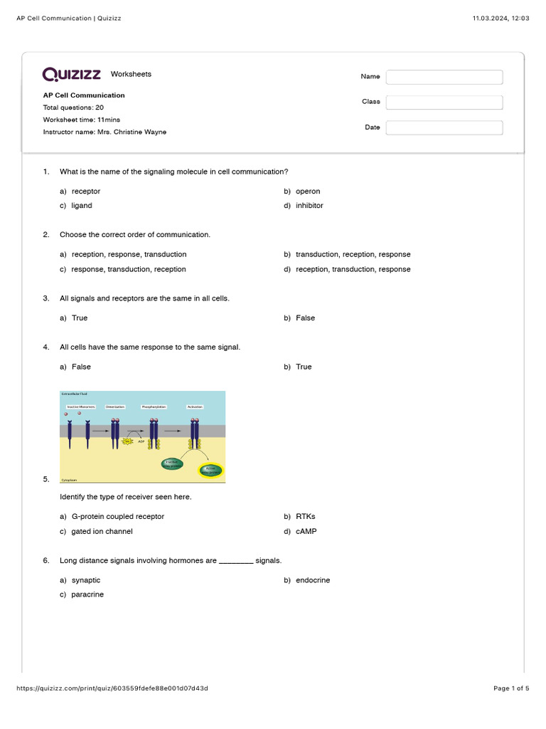 AP Cell Communication Quiz Worksheet | PDF | Cell Signaling | Signal ...
