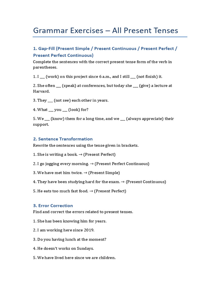 Present Tense Grammar Exercises | PDF | Grammatical Tense | Linguistic ...