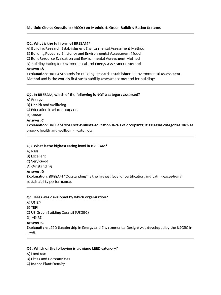 MCQs on Green Building Rating Systems | PDF | Green Building | Life ...