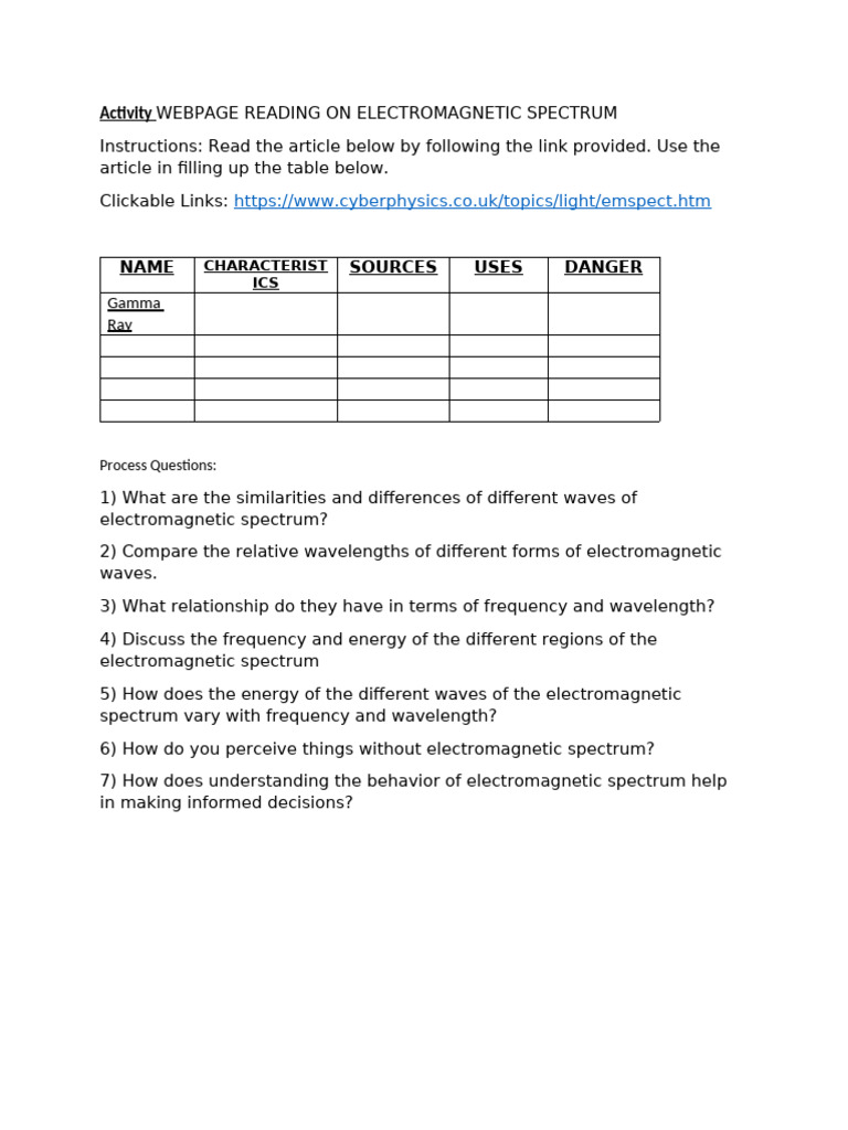 Activity Webpage Reading On Electromagnetic Spectrum | PDF