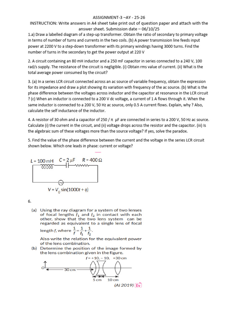Assignment Ac, Ray, Wave | PDF | Inductor | Diffraction