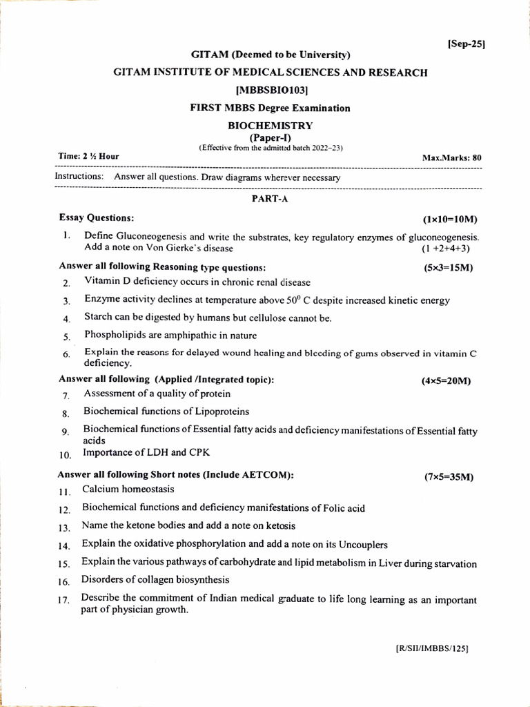 First MBBS Biochemistry Exam Paper | PDF | Biochemistry | Chemistry