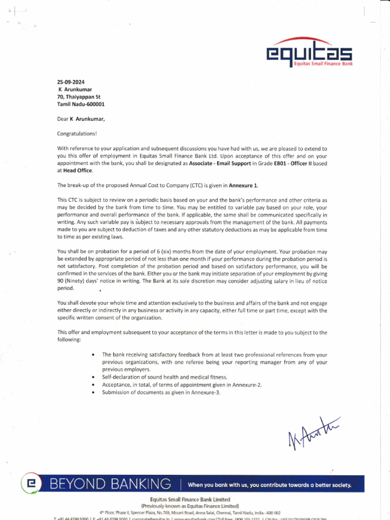 Job Offer Letter for Associate Position | PDF | Intellectual Property ...