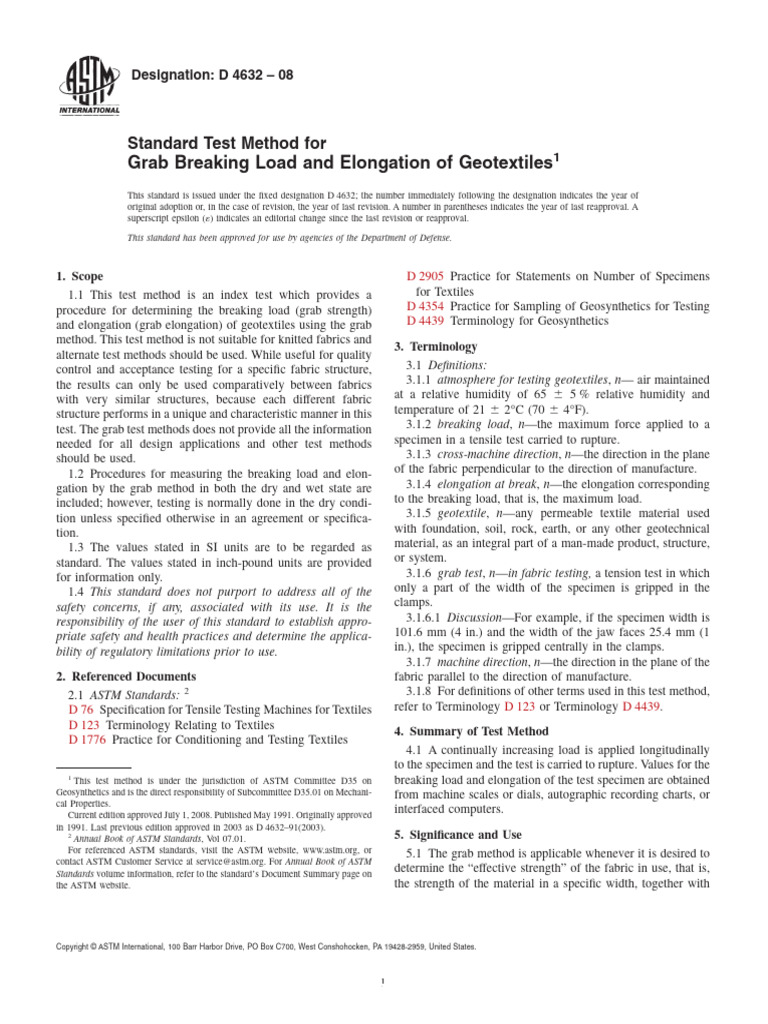 Geotextile Grab Test Method D 4632-08 | PDF | Textiles | Accuracy And ...