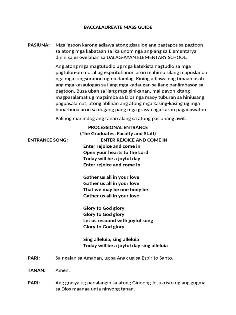 Baccalaureate Mass Guide | PDF