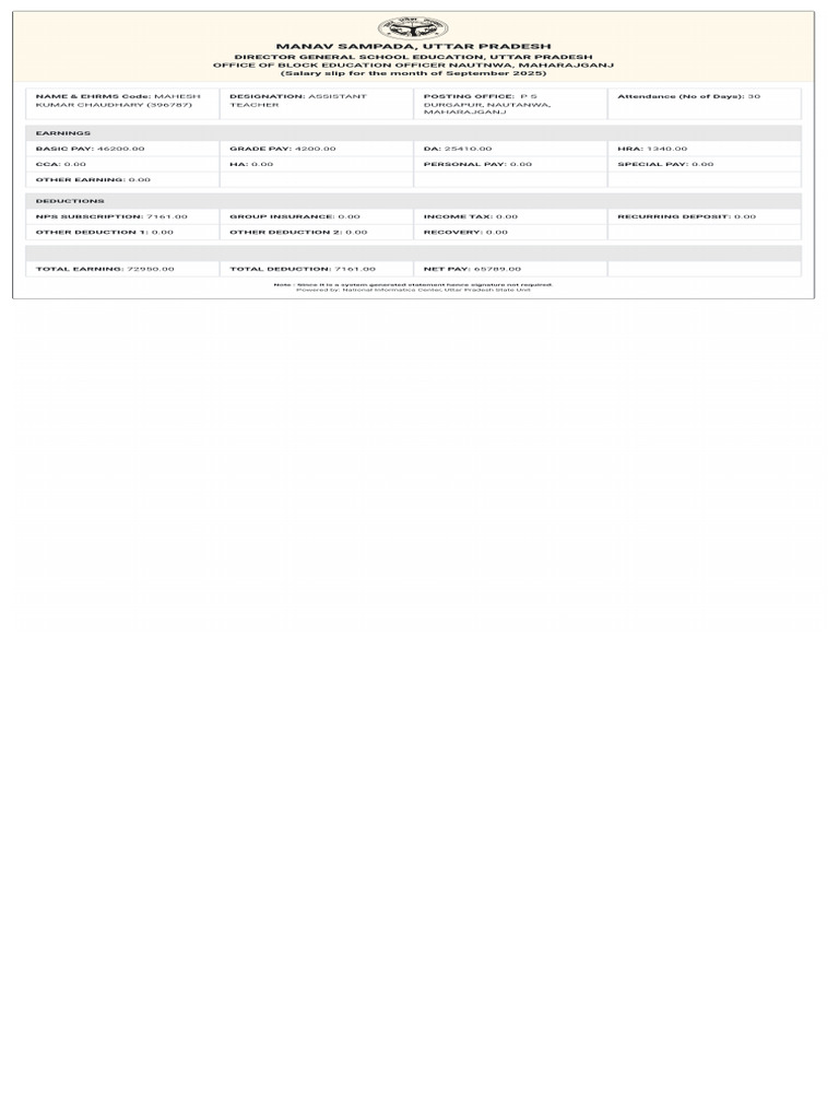 Salary Slip For The Month of September 2025 | PDF