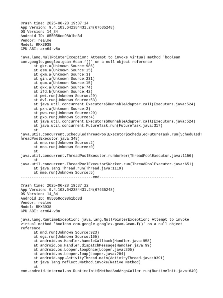 Realme RMX3938 App Crash Report | PDF | Java (Programming Language ...
