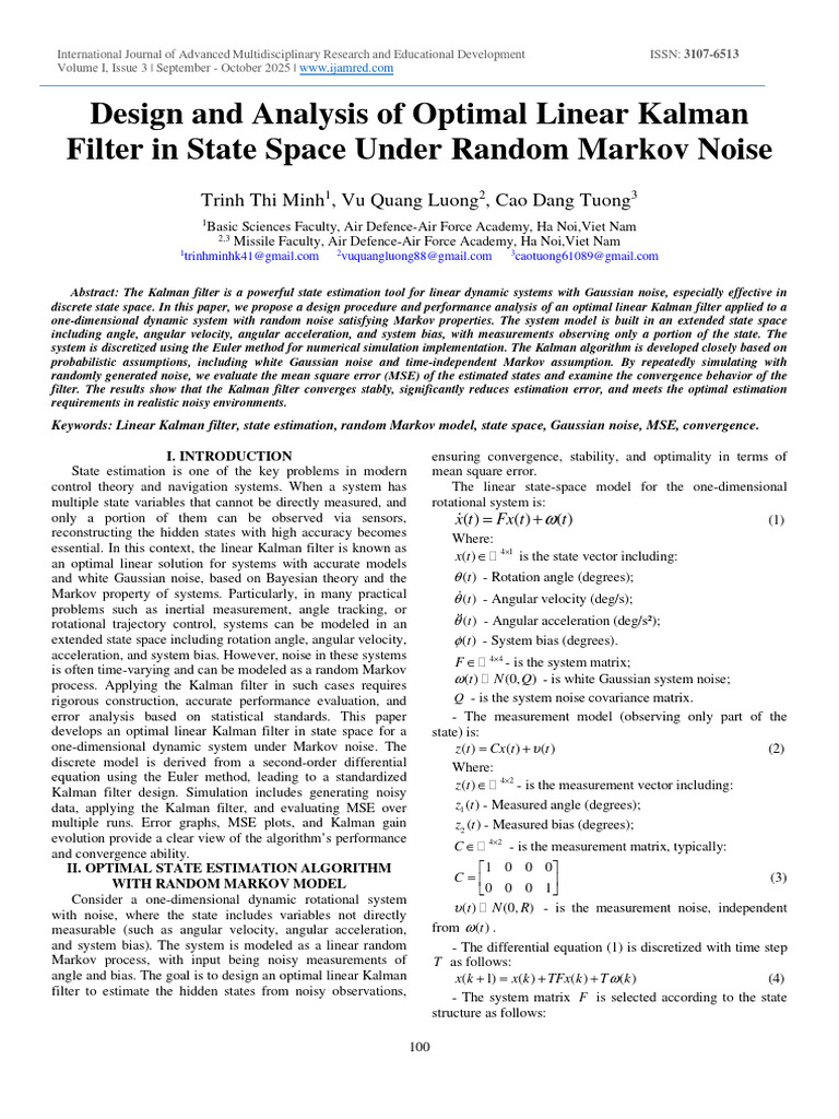 Optimal Linear Kalman Filter Design | PDF | Kalman Filter | Mean ...