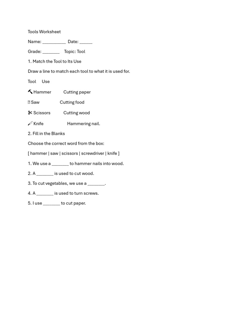 Tool Usage Matching Worksheet | PDF