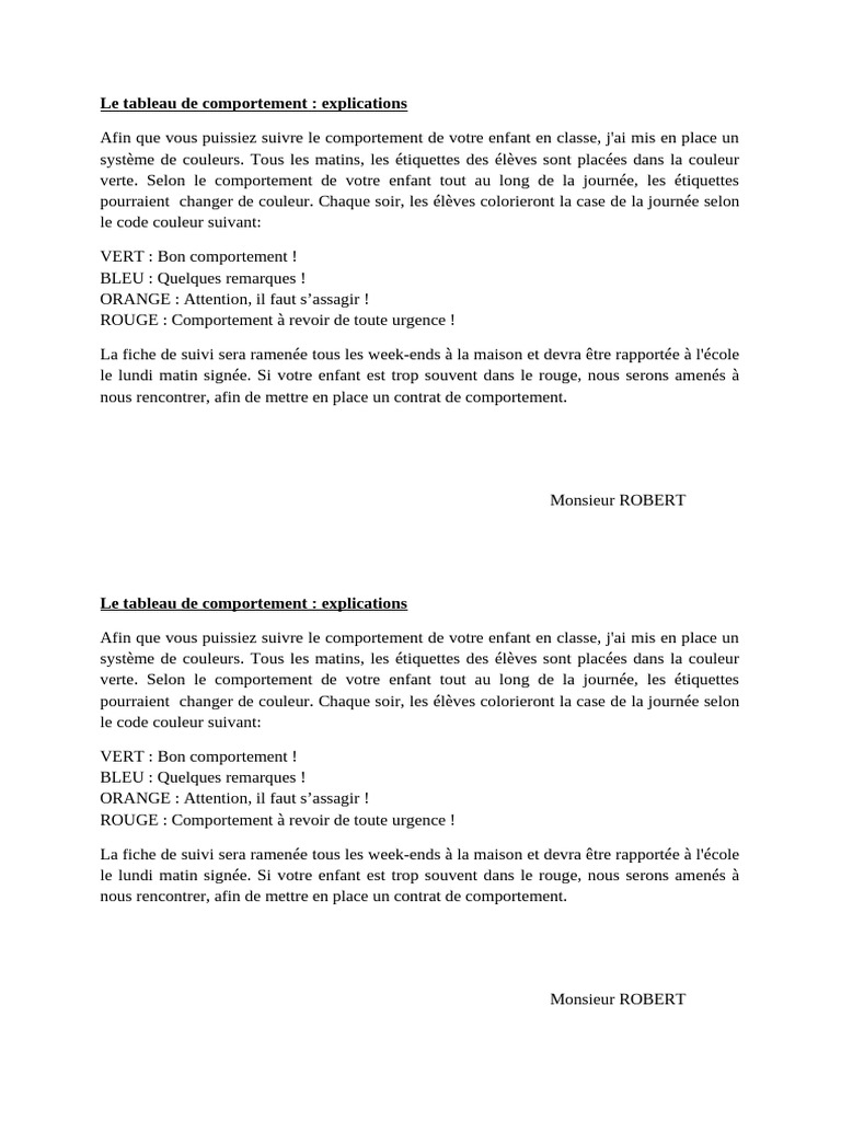 Suivi du comportement en classe par couleurs | PDF