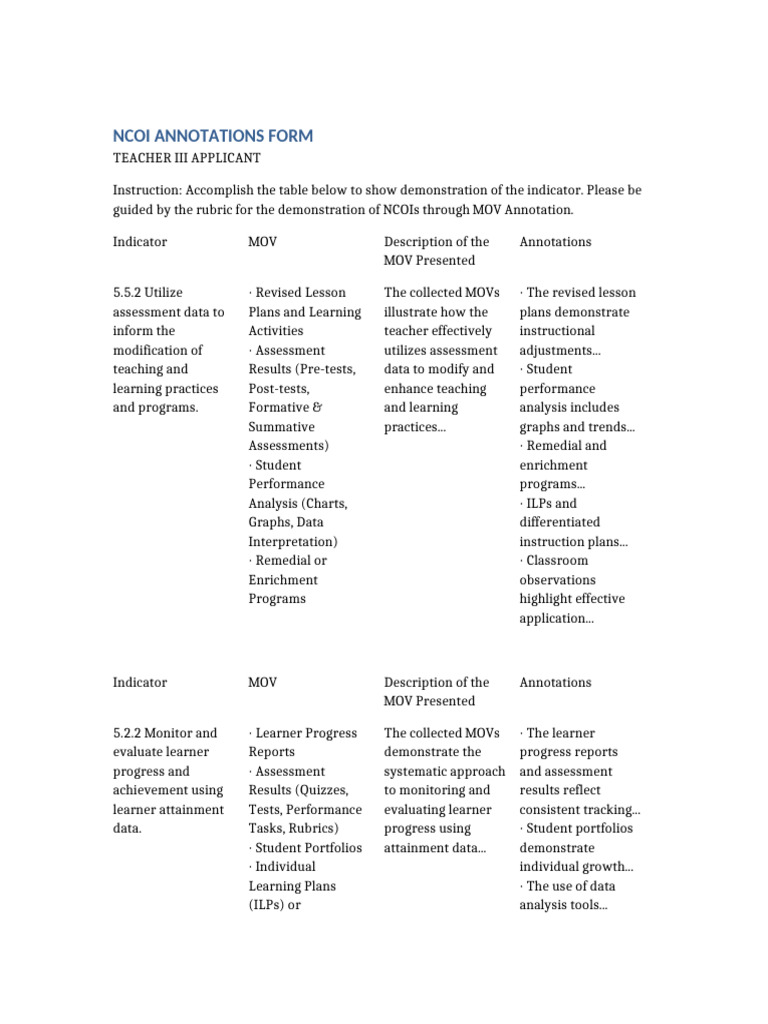 NCOI Annotation Form for Teacher III | PDF | Educational Assessment ...