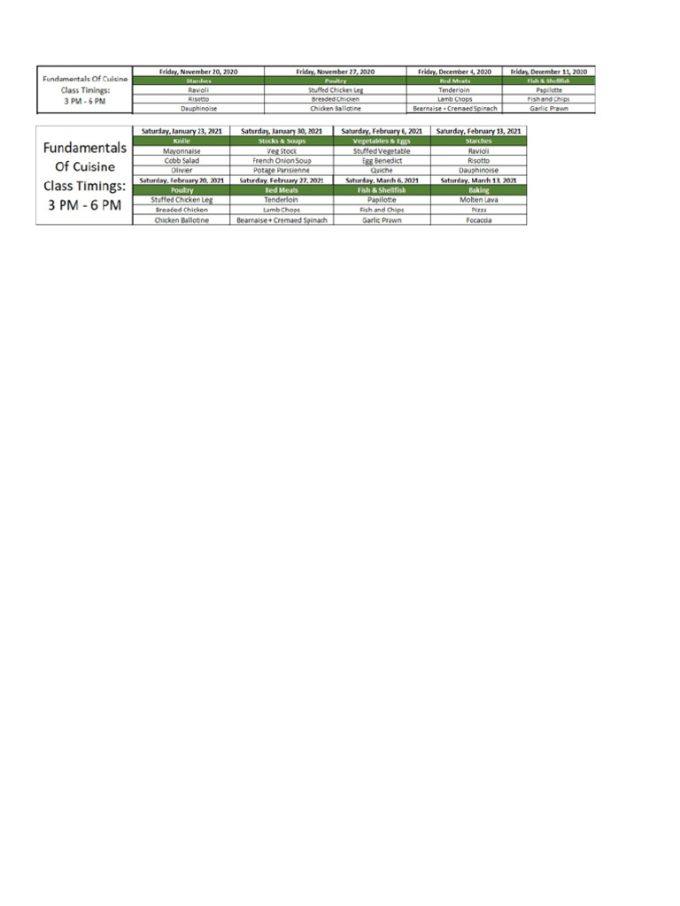New Cuisine Schedule | PDF