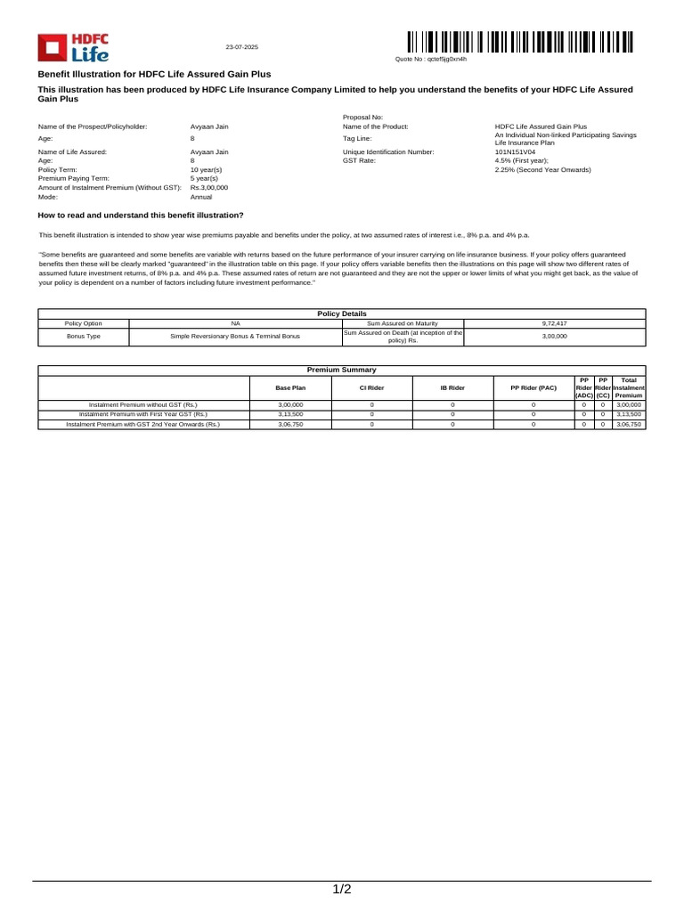 HDFC Life Assured Gain Plus Illustration | PDF | Life Insurance | Insurance