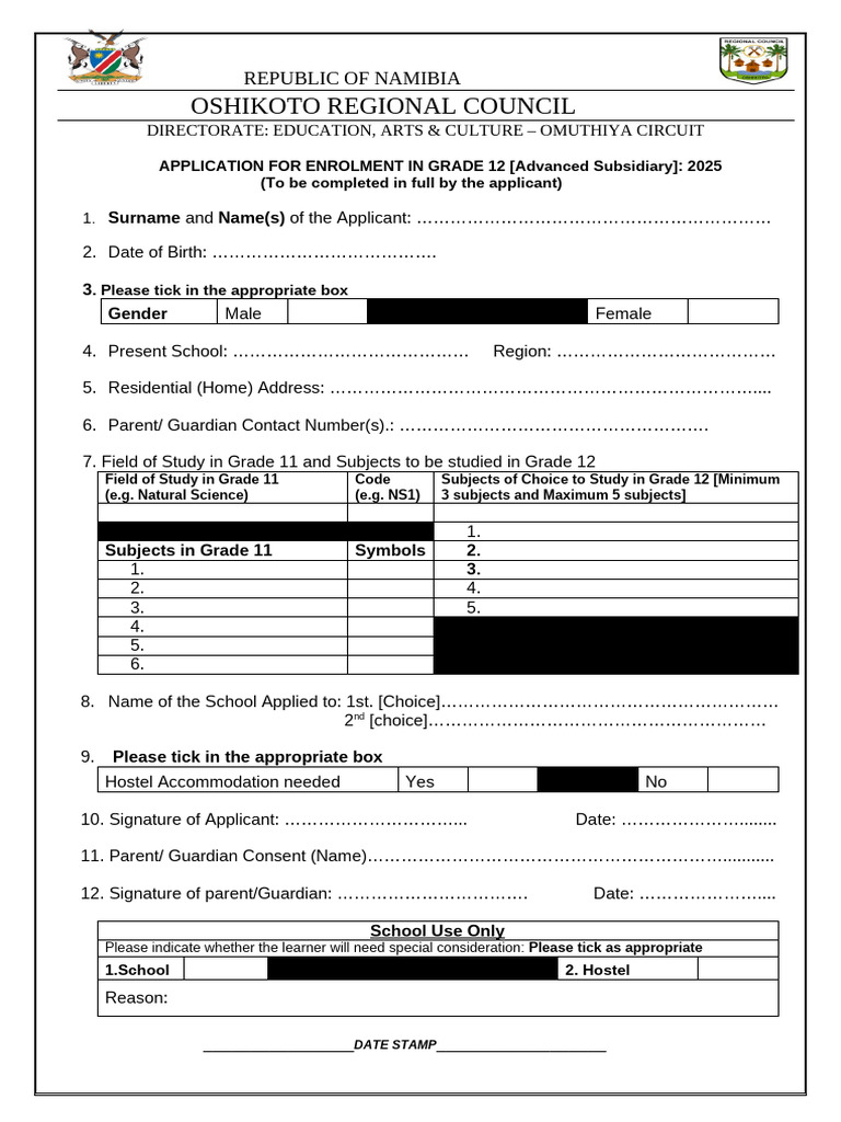 Grade 12 Enrolment Application 2025 | PDF