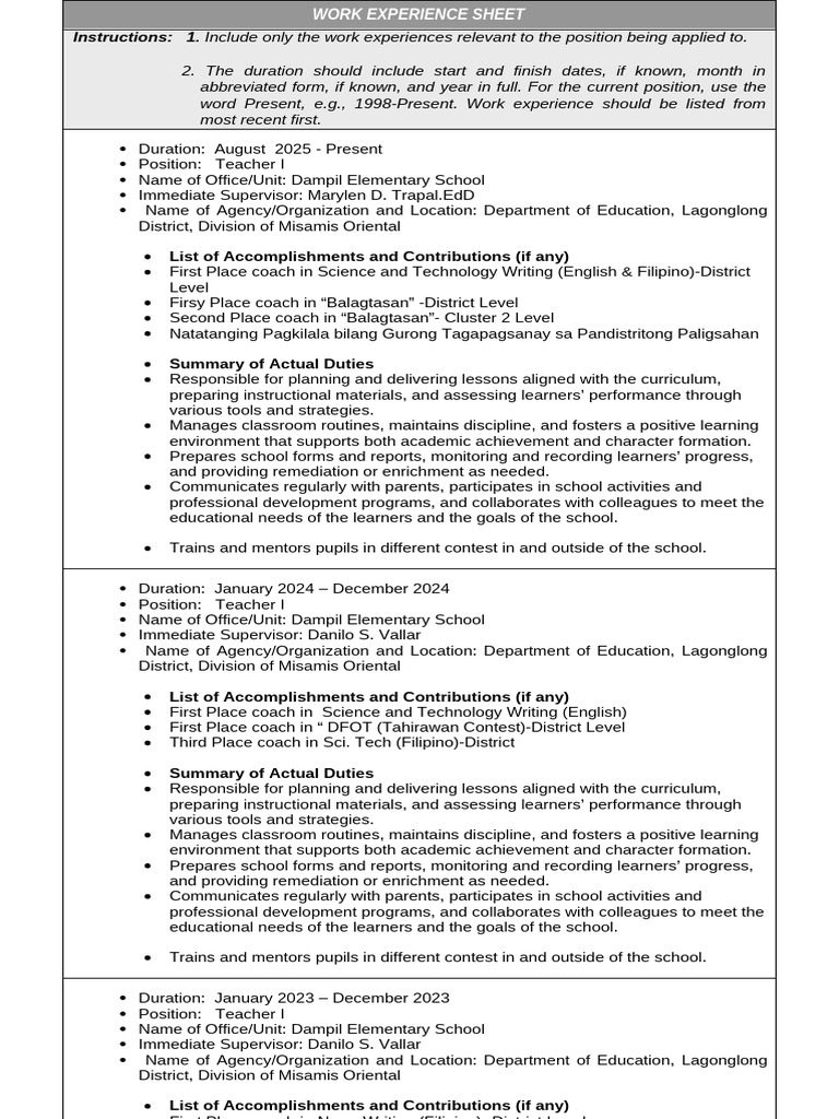 Teacher Work Experience Summary | PDF | Teachers | Mentorship