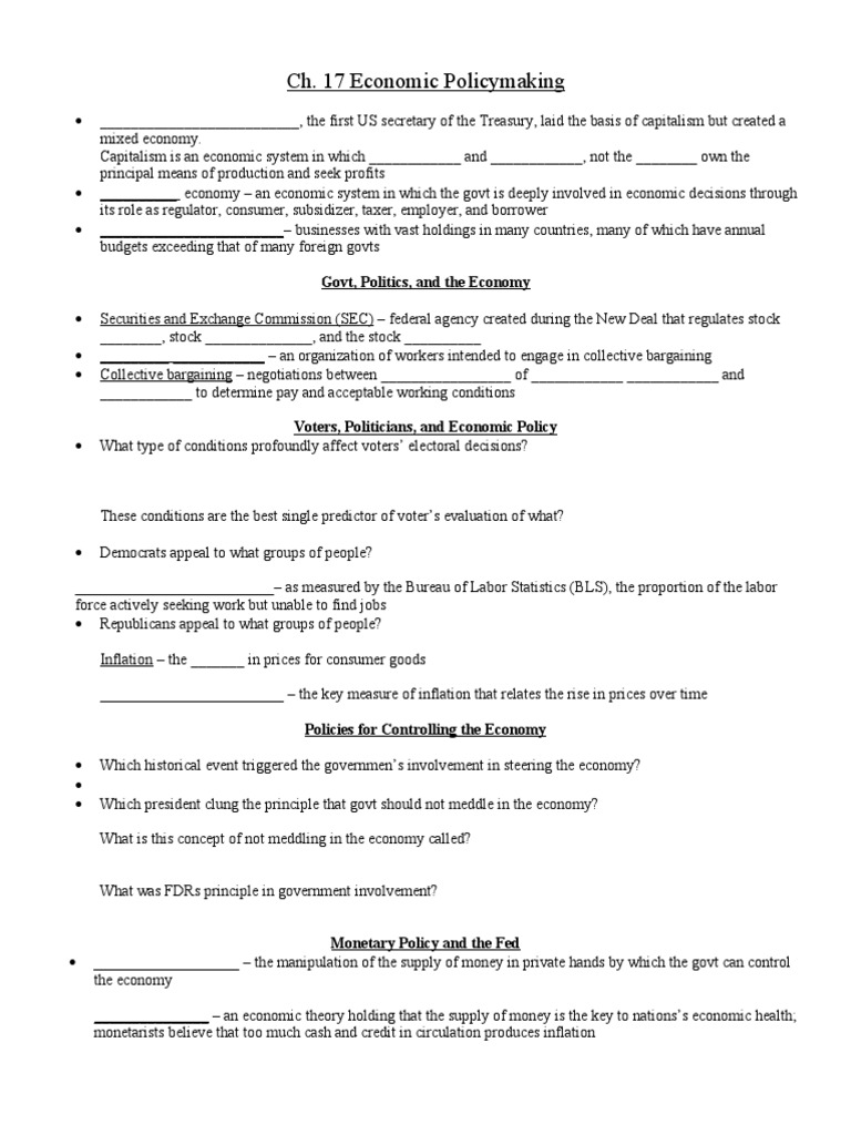 AP Gov-Ch. 17 Economic Policy Making Worksheet | PDF | Inflation ...