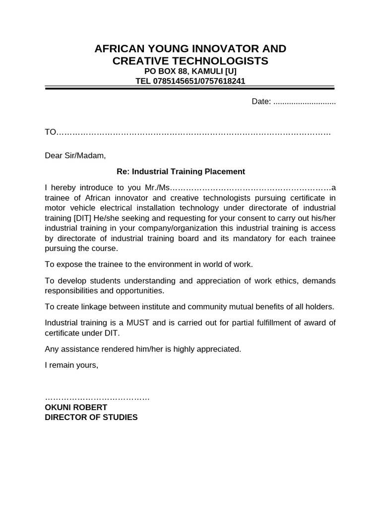 Industrial Training Request Letter Template | PDF