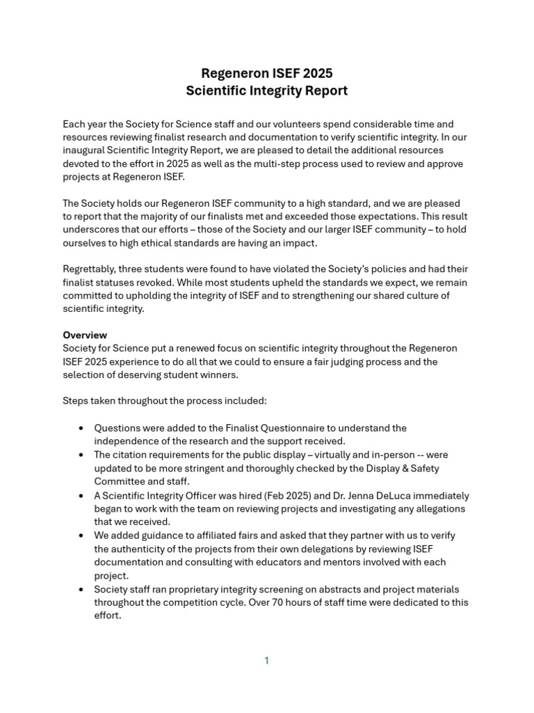 Regeneron ISEF 2025 Integrity Report | PDF | Integrity