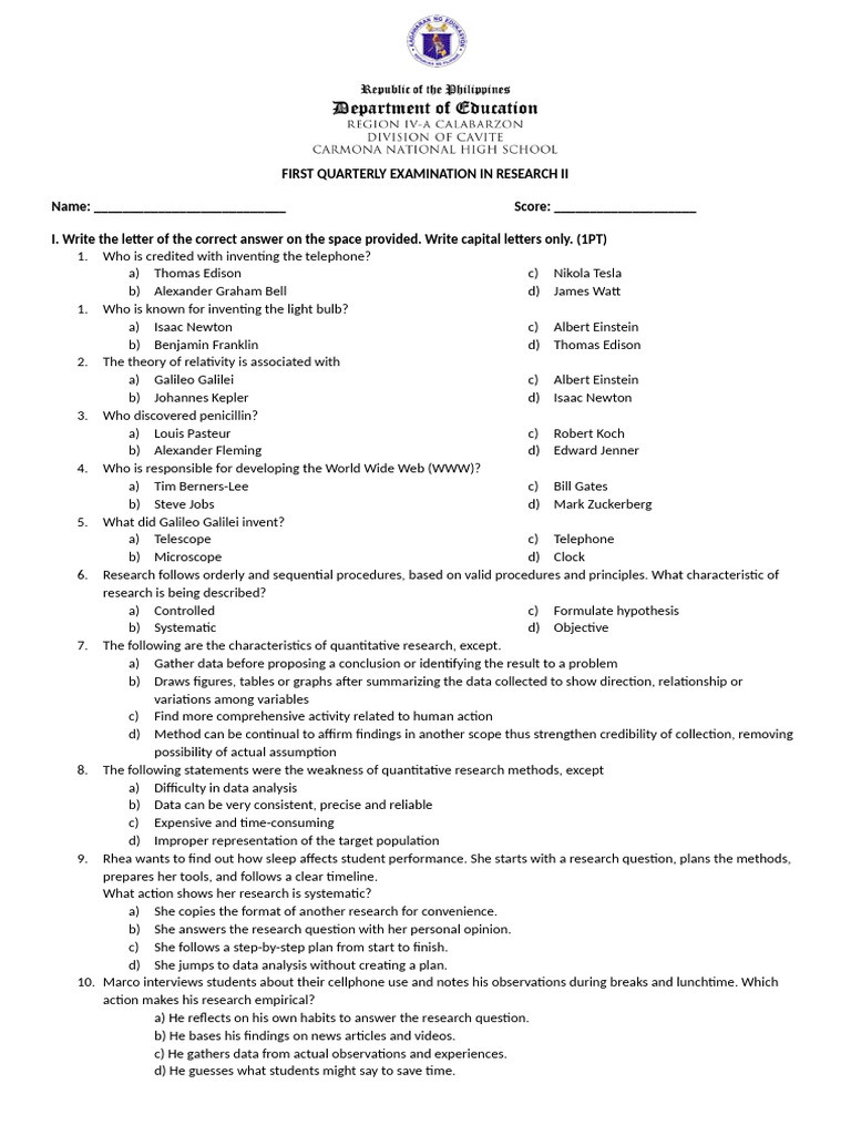 Research II Quarterly Exam Questions | PDF | Statistics | Data Analysis