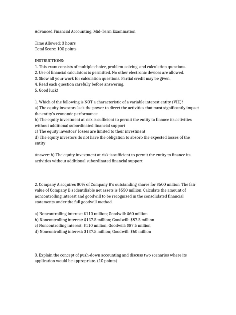 Advanced Financial Accounting Exam Guide | PDF | Fair Value | Goodwill ...