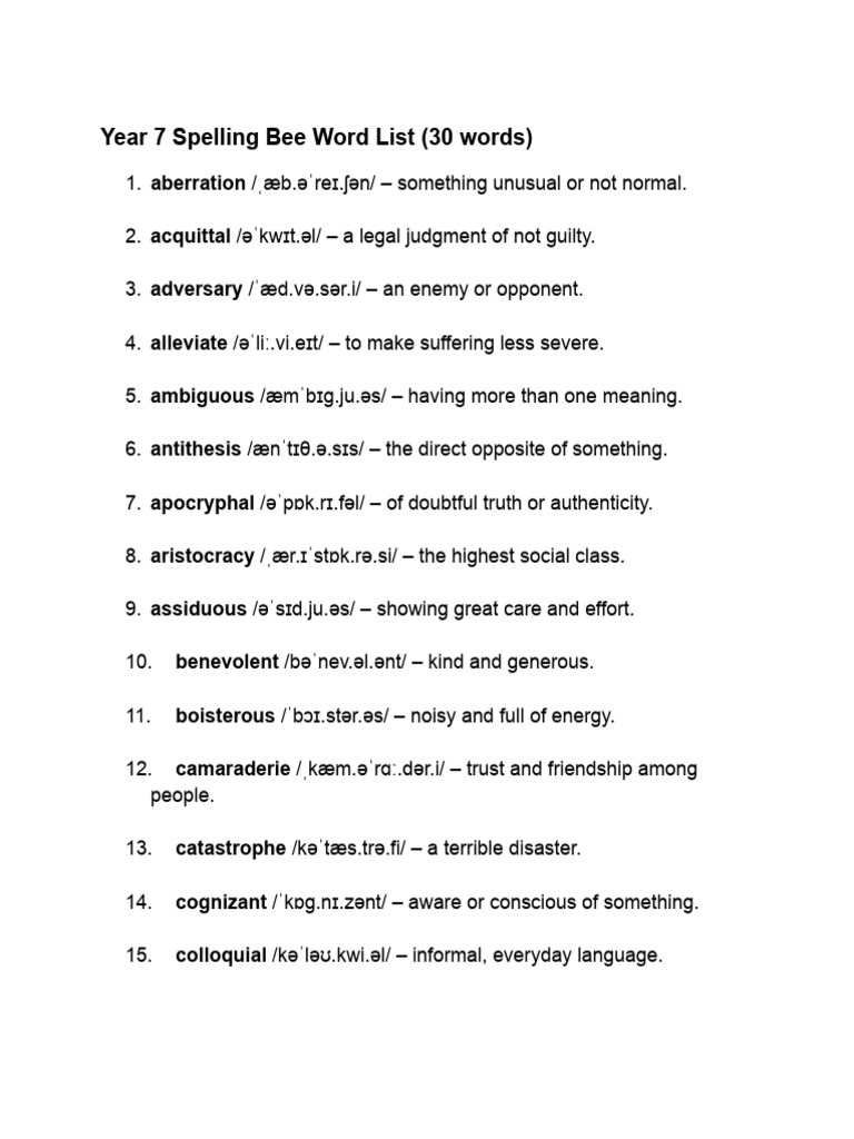 Year 7 Spelling Bee Word List (30 Words) | PDF