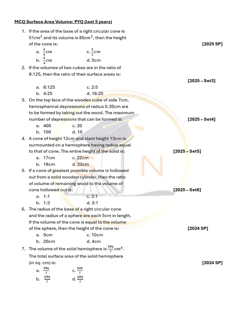 MCQs on Surface Area and Volume | PDF | Sphere | Area