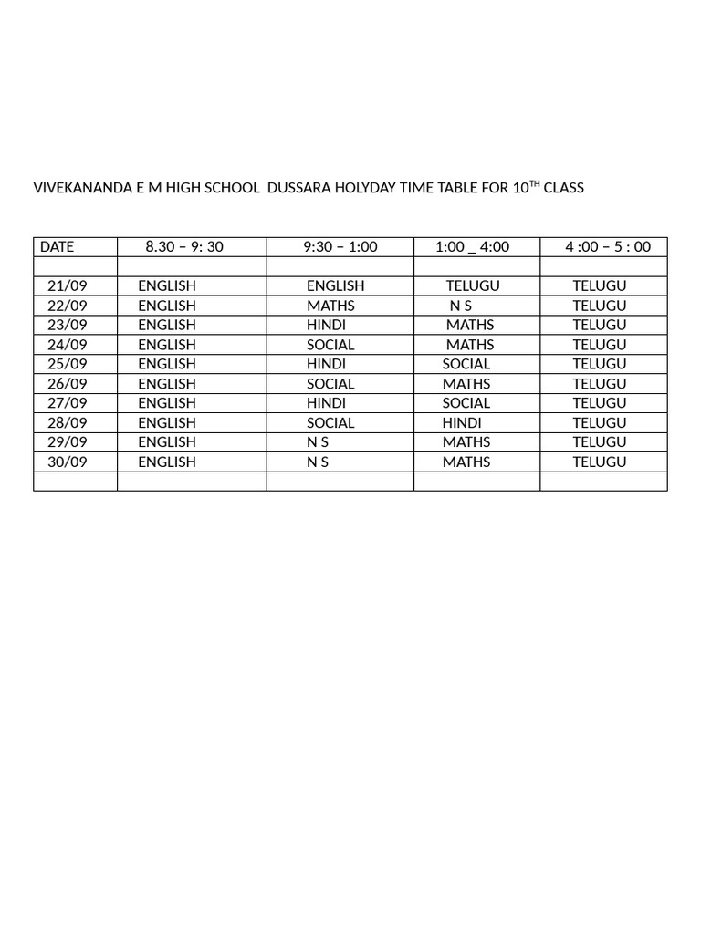 Vivekananda e M High School Dussara Holyday Time Table For 10th Class | PDF