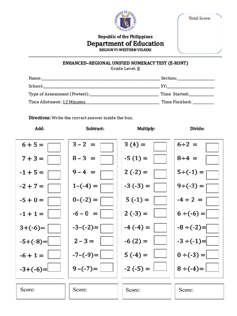ERUNT Pretest Grade 8 | PDF