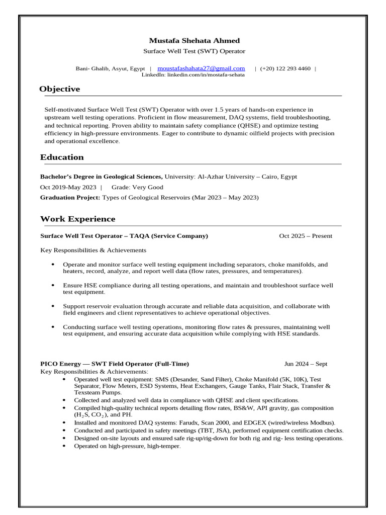 Surface Well Test Operator Resume | PDF | Petroleum Reservoir