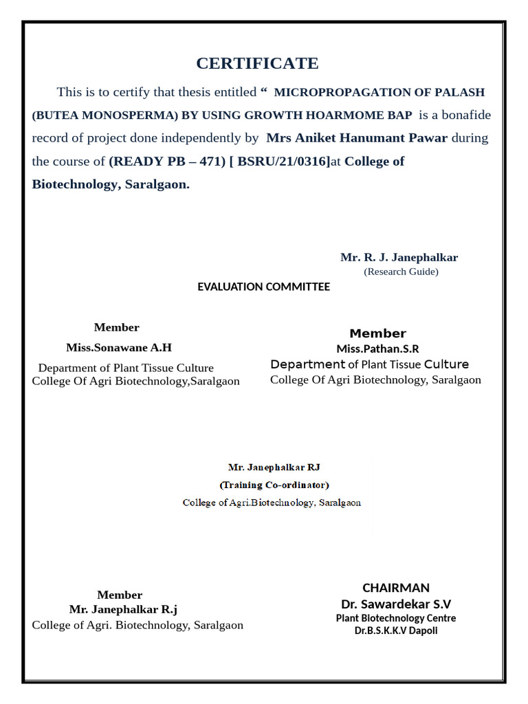 Micropropagation of Palash Certificate | PDF