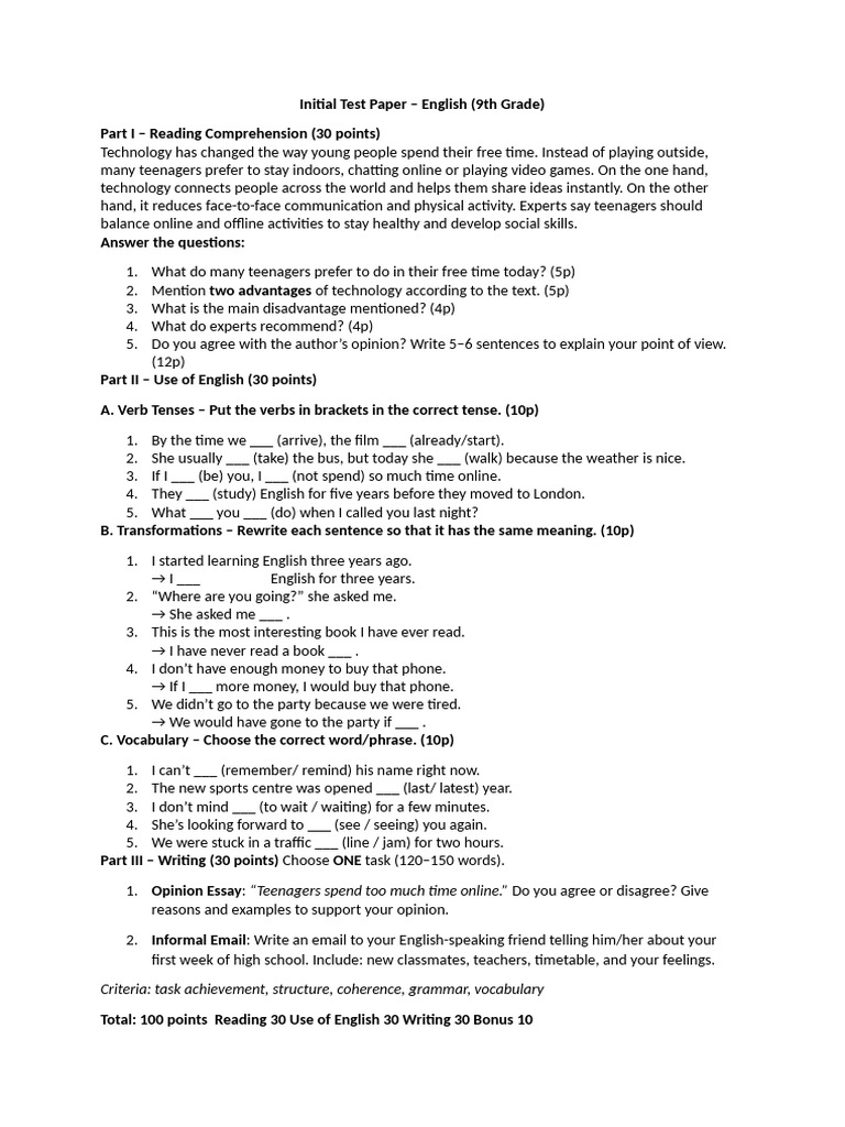 9th Grade English Initial Test Paper | PDF | English Language | Grammar