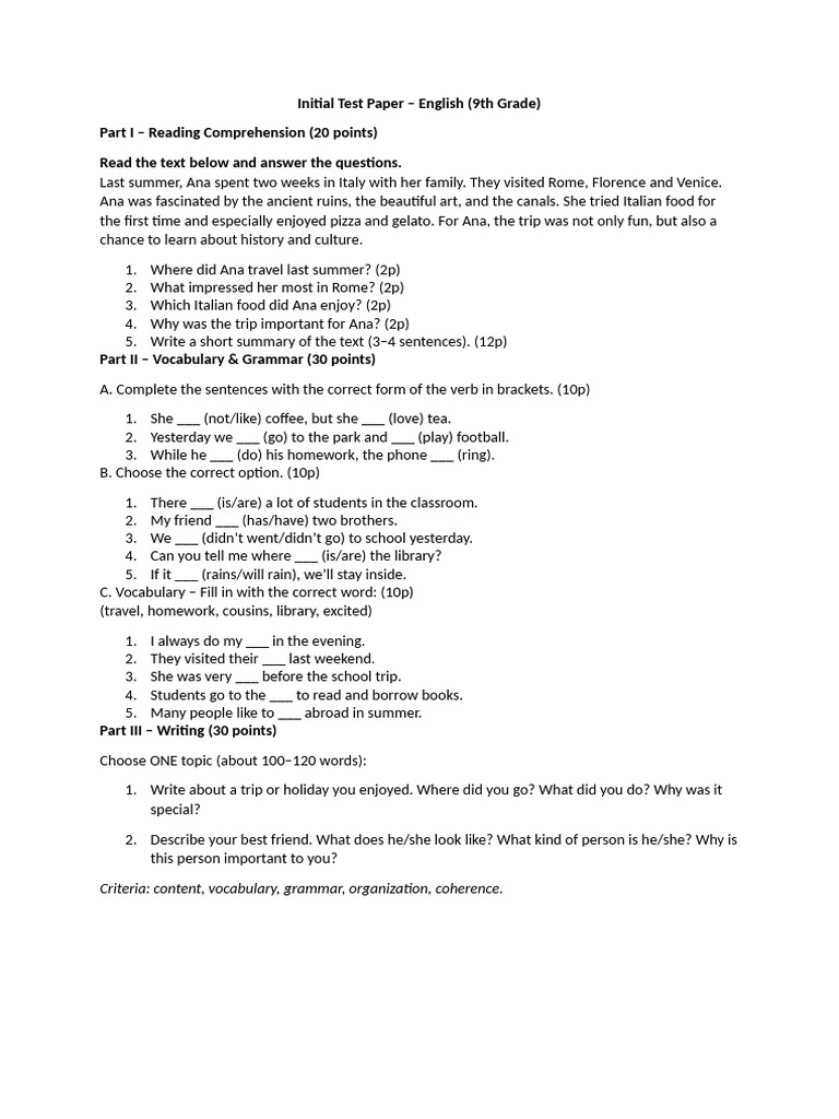 9th Grade English Test Paper | PDF | Vocabulary | Learning