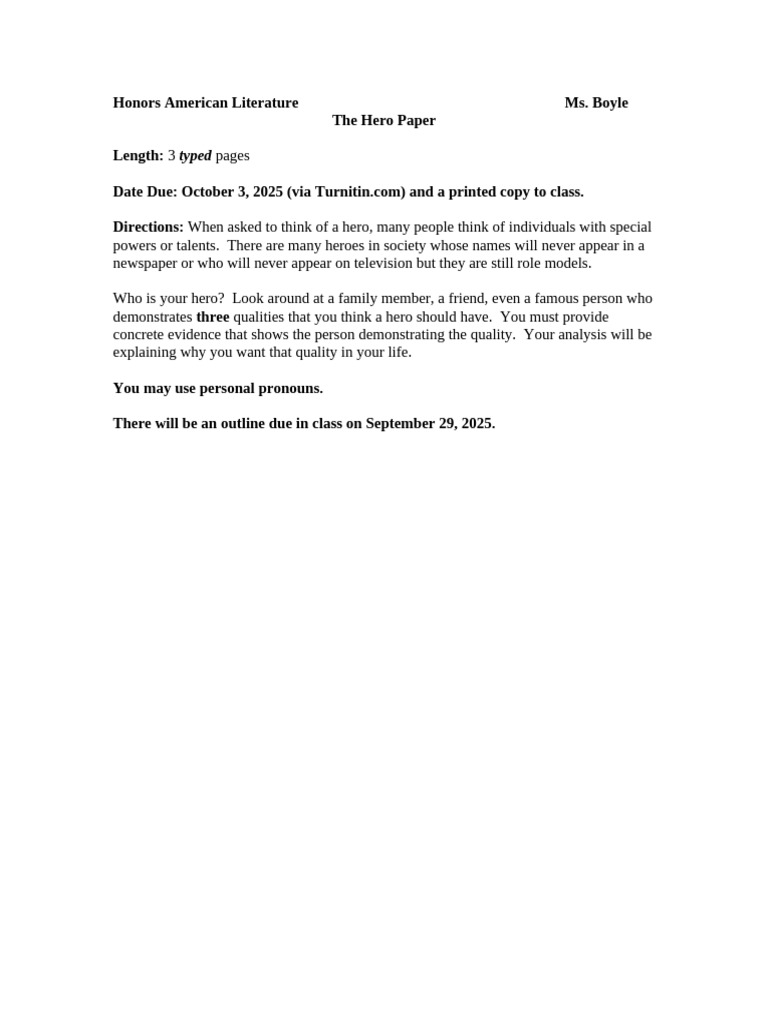 Honors English II - Hero Paper 2024 (1) (8980) | PDF | Hero | Emergency