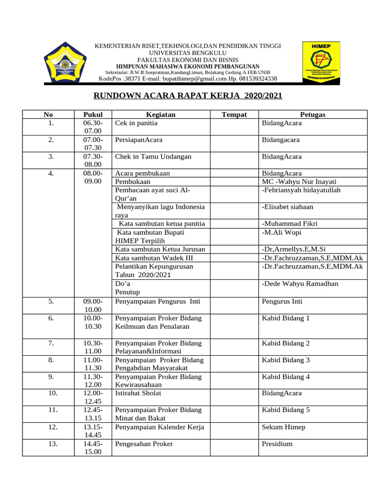 Rundown Rapat Kerja HIMEP 2020/2021 | PDF