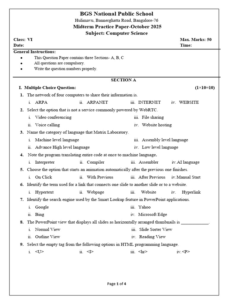 VI Computer Science Midterm Practice Paper | PDF | Websites | Html